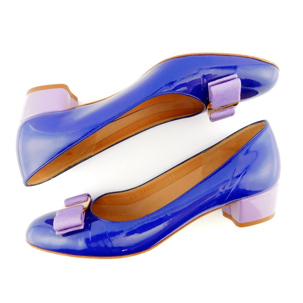 FERRAGAMO Vara Logo Bow Brilliant Blue & Lavender Patent Block Heel Pumps 6.5 - Picture 6 of 13